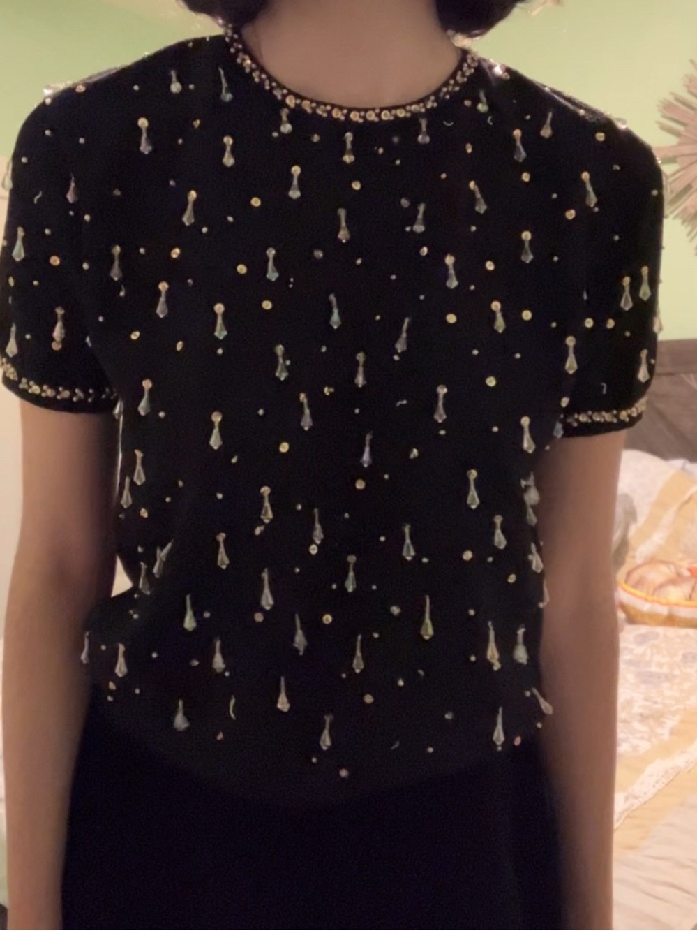 Black Short Sleeve Beaded Embellished Top
